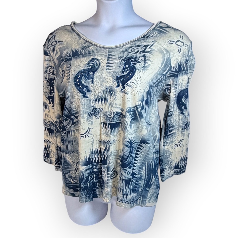 Y2K Cactus Bay Apparel Women XXL Blue Kokopelli Rhinestone Ribbed Cotton Top USA